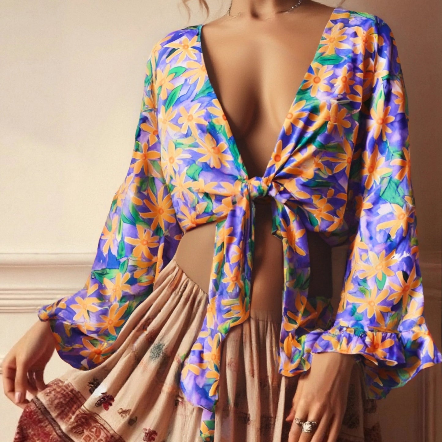 Krótkie kimono plażowe z szerokimi rękawami Lyra-lorana.pl