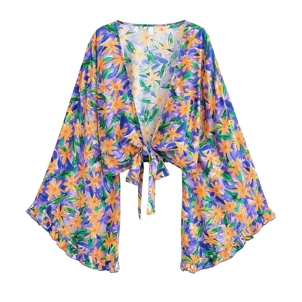 Krótkie kimono plażowe z szerokimi rękawami Lyra-lorana.pl