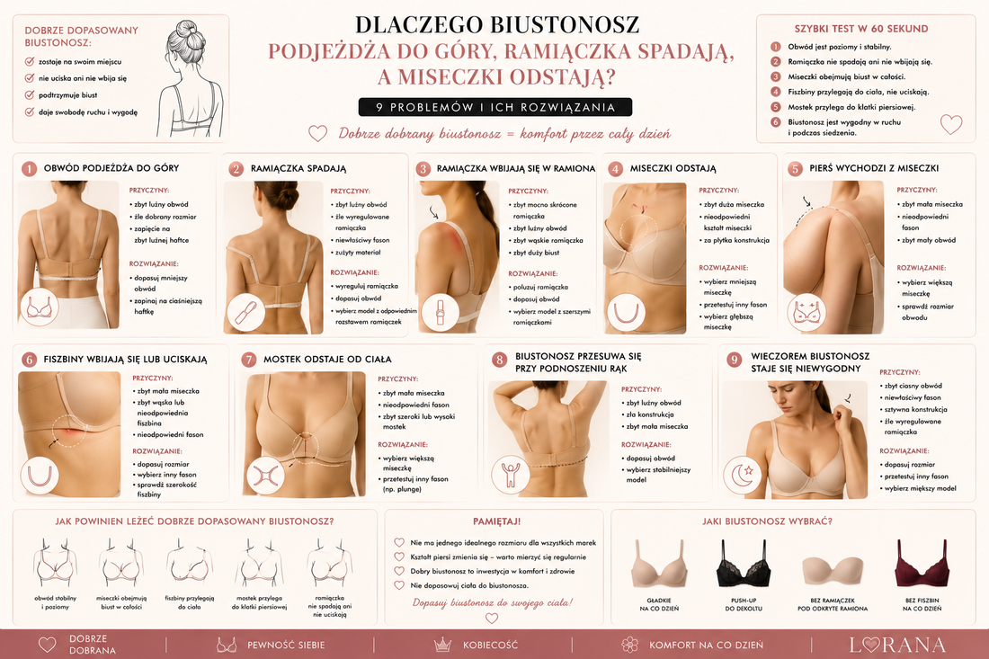 Dlaczego biustonosz podjeżdża do góry, ramiączka spadają, a miseczki odstają? 9 problemów i ich rozwiązania